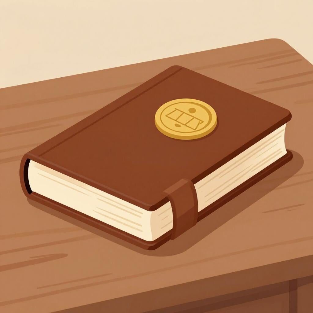 A thick, old leather-bound book with a golden seal on the cover, resting on a wooden table.