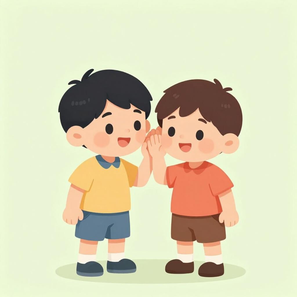 A child leaning in to speak softly into another child's ear.