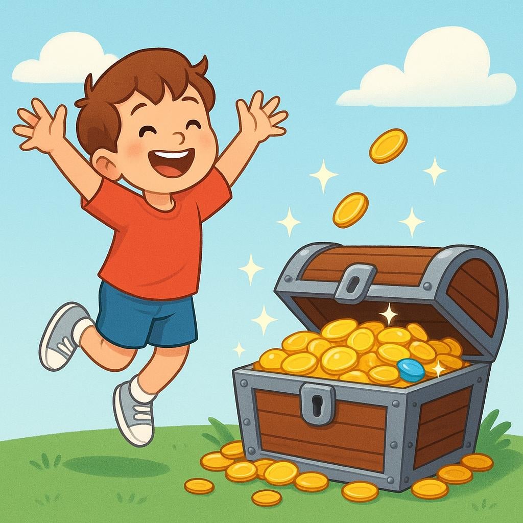 A happy child jumping enthusiastically next to an open treasure chest filled with sparkling gold coins and gems, showing great delight.