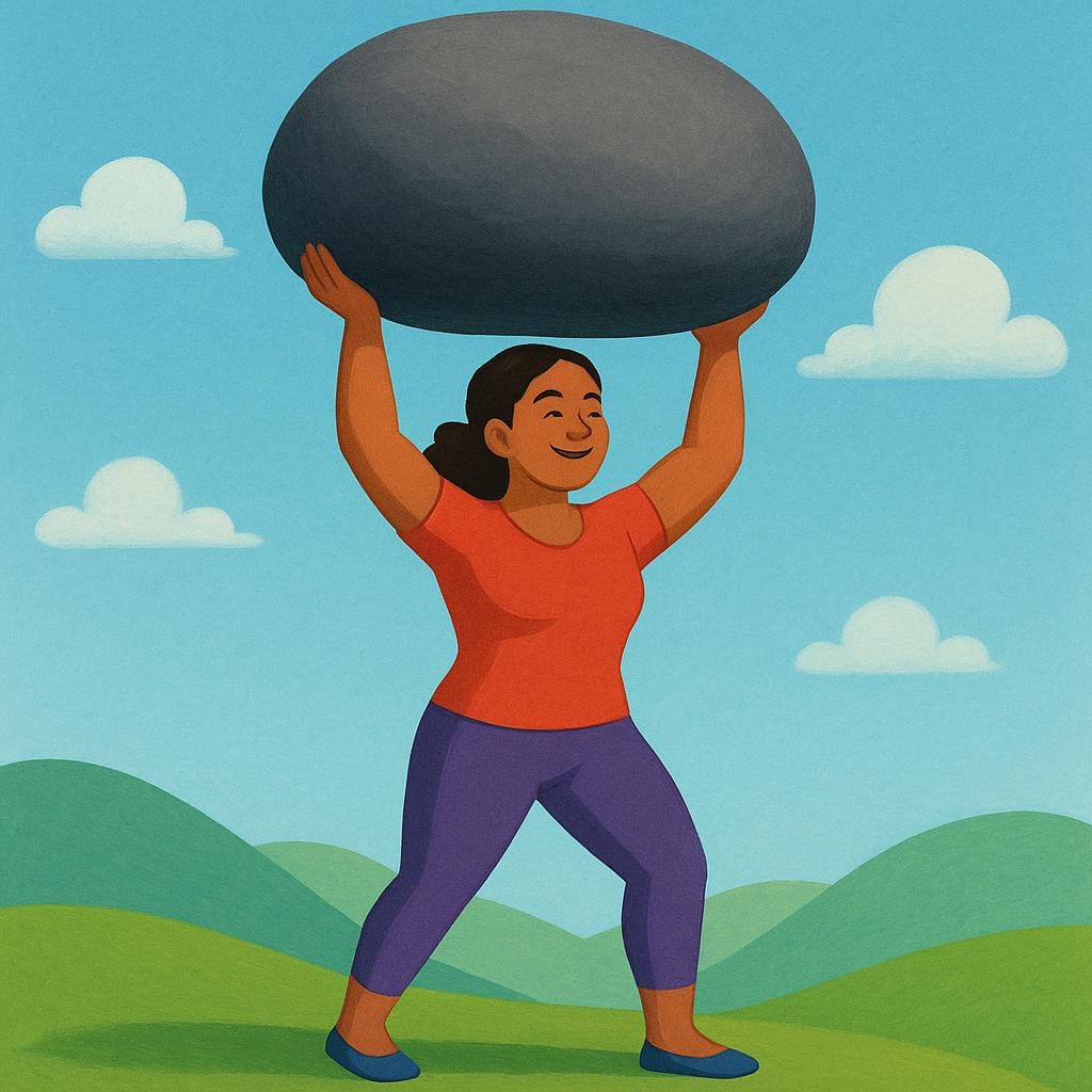 A strong woman, smiling and muscular, effortlessly lifting a very large, smooth boulder above her head, symbolizing great physical strength.