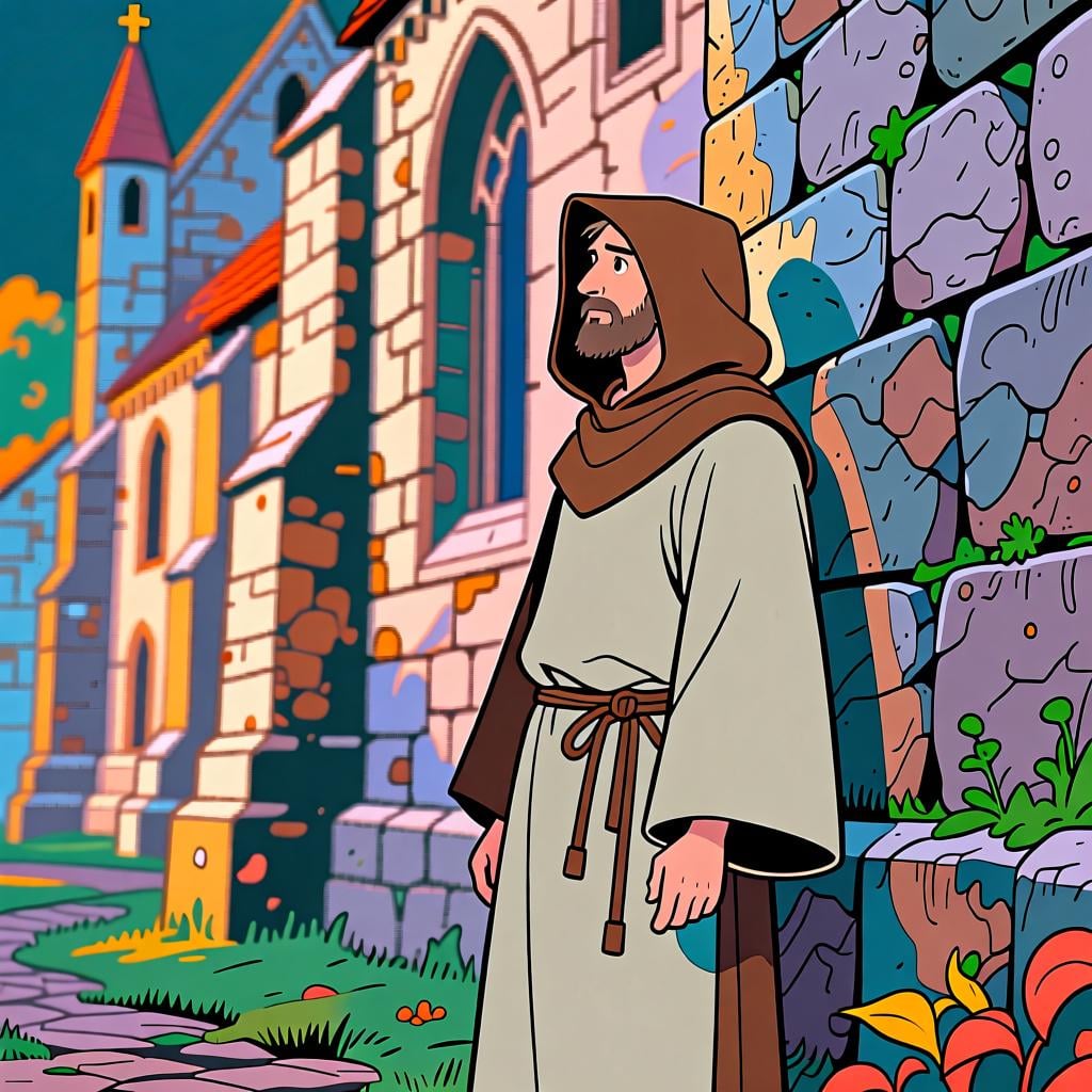 A man wearing a simple brown hooded robe standing near an old stone monastery wall.