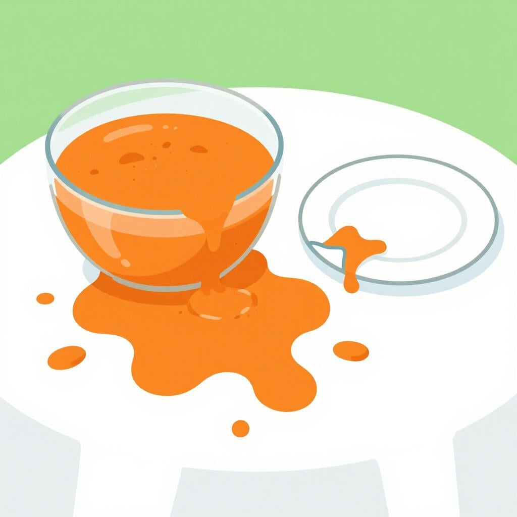 A spilled bowl of soup on a clean white tablecloth with a broken ceramic plate.