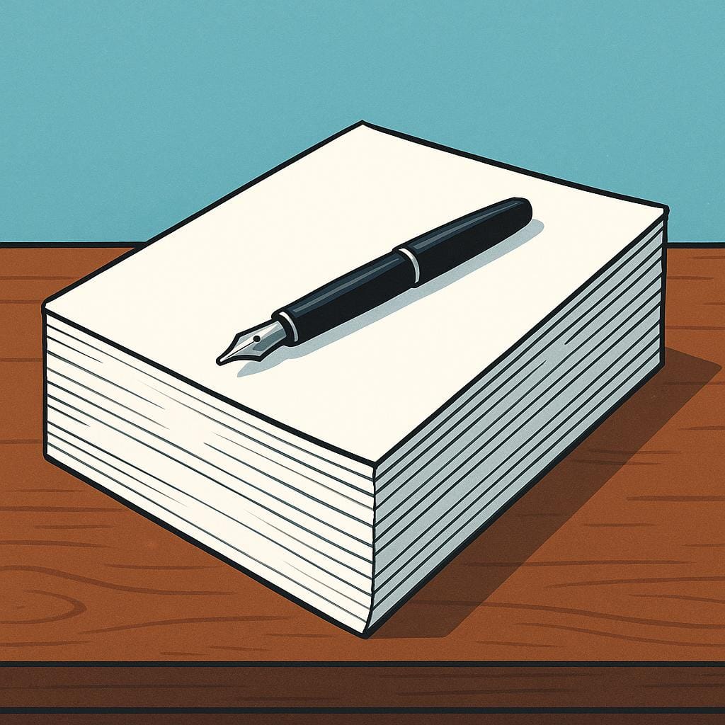 A thick stack of white papers resting on a wooden desk, symbolizing a completed piece of writing. A fountain pen lies across the top sheet.