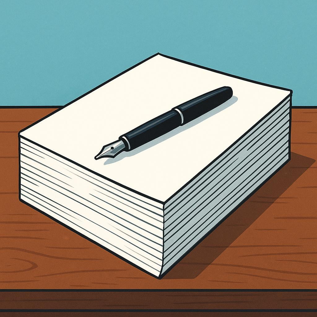 A thick stack of white papers resting on a wooden desk, symbolizing a completed piece of writing. A fountain pen lies across the top sheet.