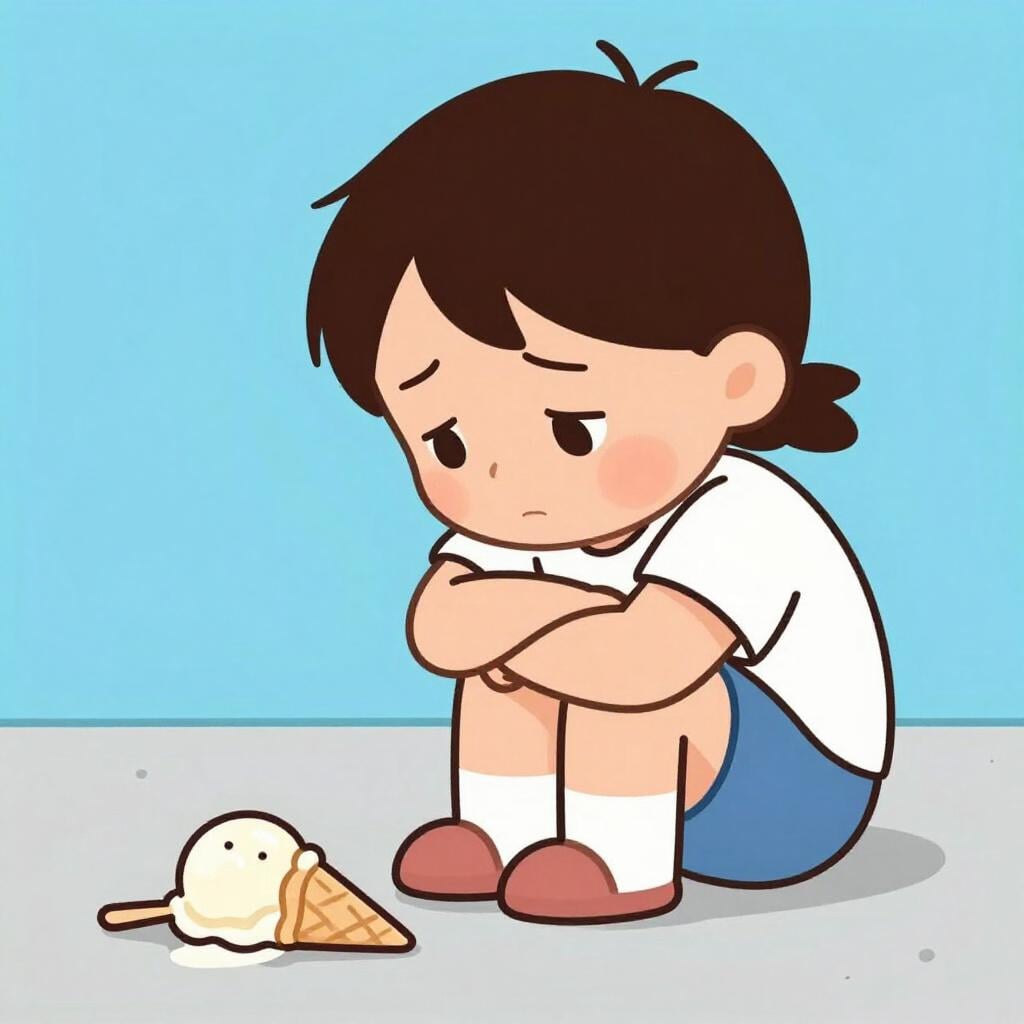 A sad child looking down at a dropped ice cream cone on the ground.