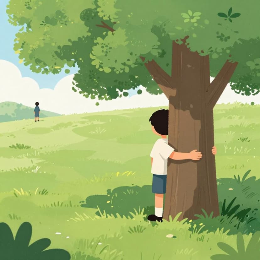 Eine Person, die sich hinter einem großen Baum versteckt, um sich vor jemandem zu verbergen, der nach ihr sucht.