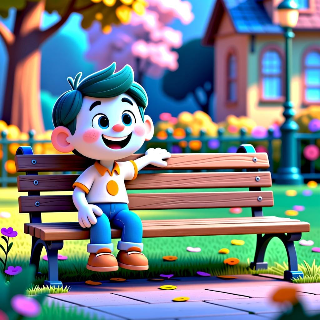 Uma ilustração de uma pessoa amigável gesticulando para alguém se juntar a ela em um banco de parque, representando a ideia de 'comigo'.
