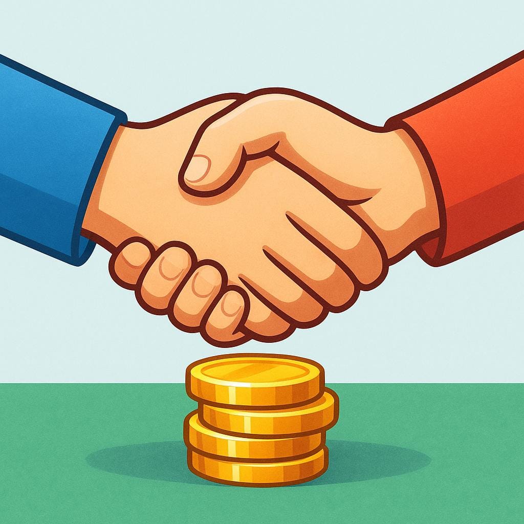 Two cartoon hands shaking firmly above a small pile of golden coins, symbolizing a completed bet or wager.