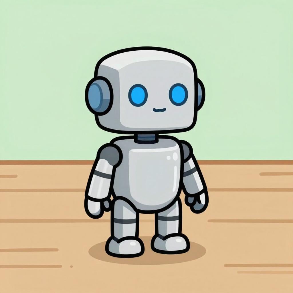 A friendly small robot with glowing blue eyes standing on a wooden table.