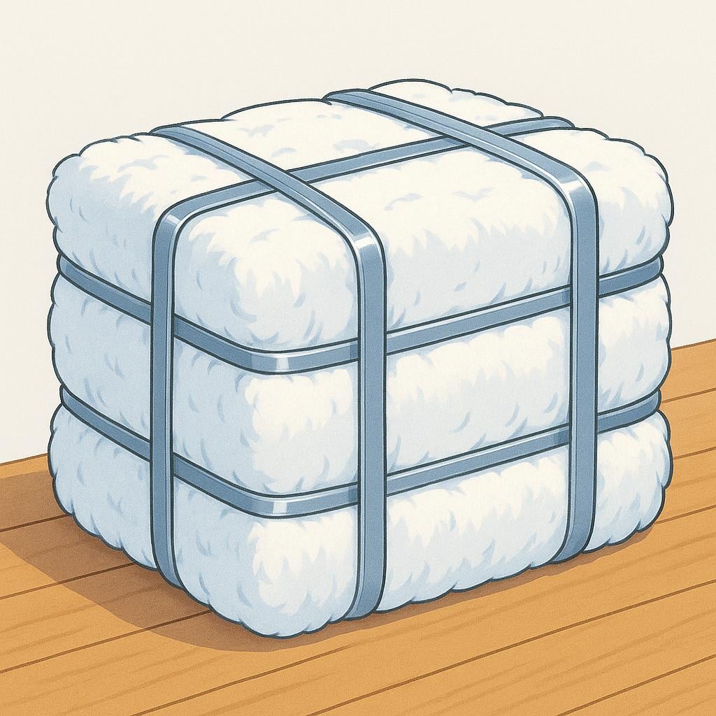 A large, rectangular, compressed bale of fluffy white cotton, secured with thick metal straps.