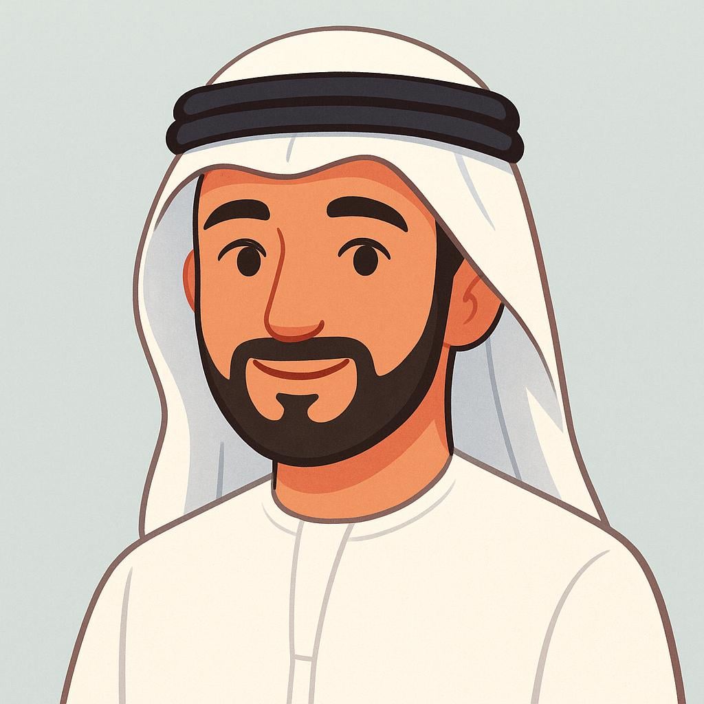 A simplified drawing of an adult wearing a traditional white ghutra and agal (head covering), representing an Arab person.