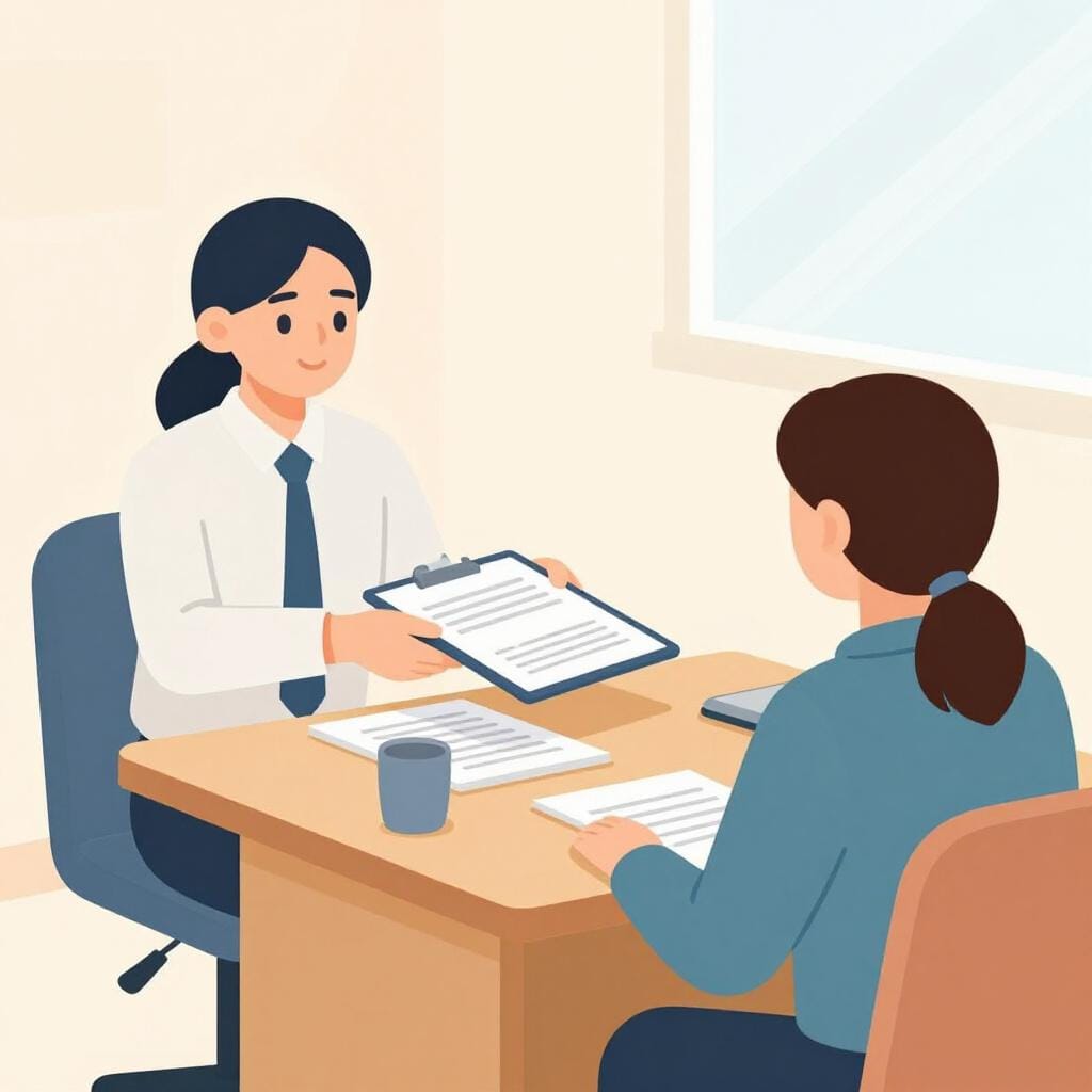 Uma pessoa de terno entregando uma pasta de papel a outra pessoa do outro lado de uma mesa.