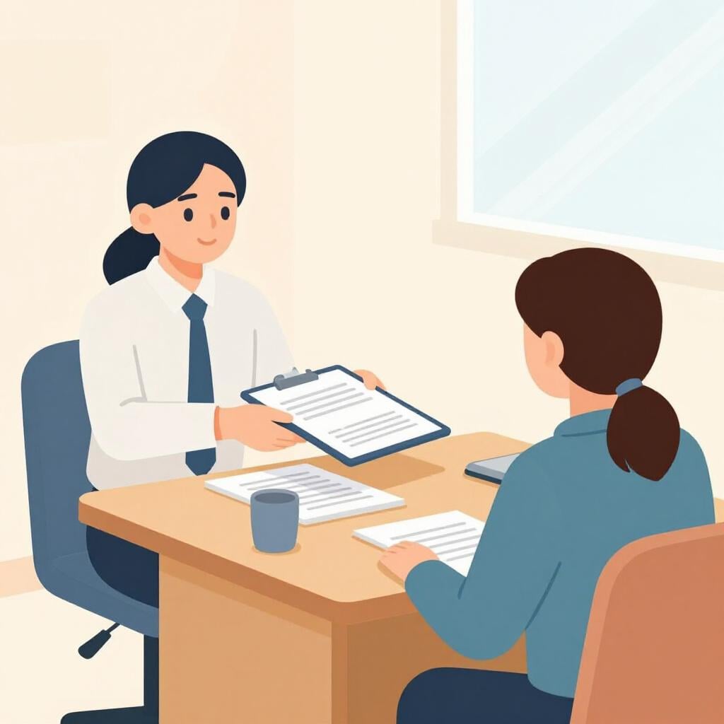 Uma pessoa de terno entregando uma pasta de papel a outra pessoa do outro lado de uma mesa.