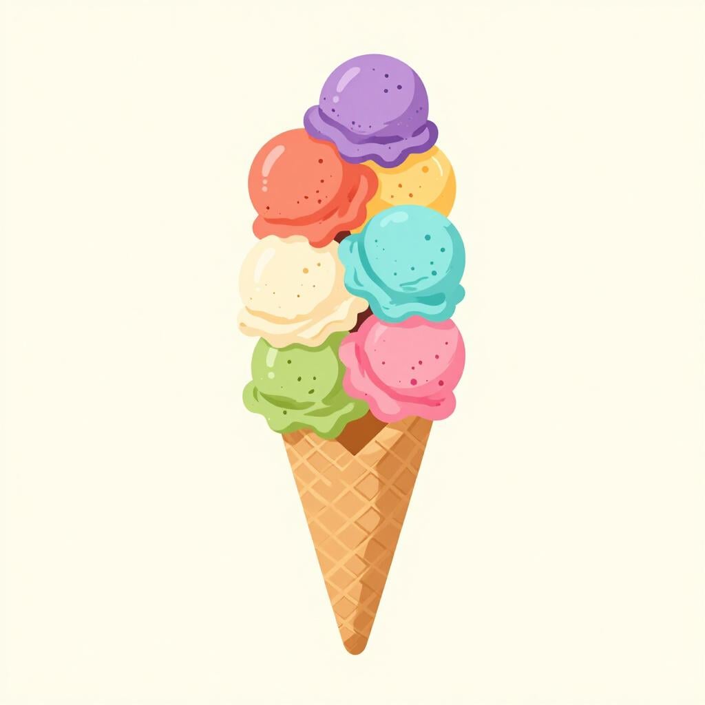 A child's ice cream cone with ten scoops of colorful ice cream stacked dangerously high.