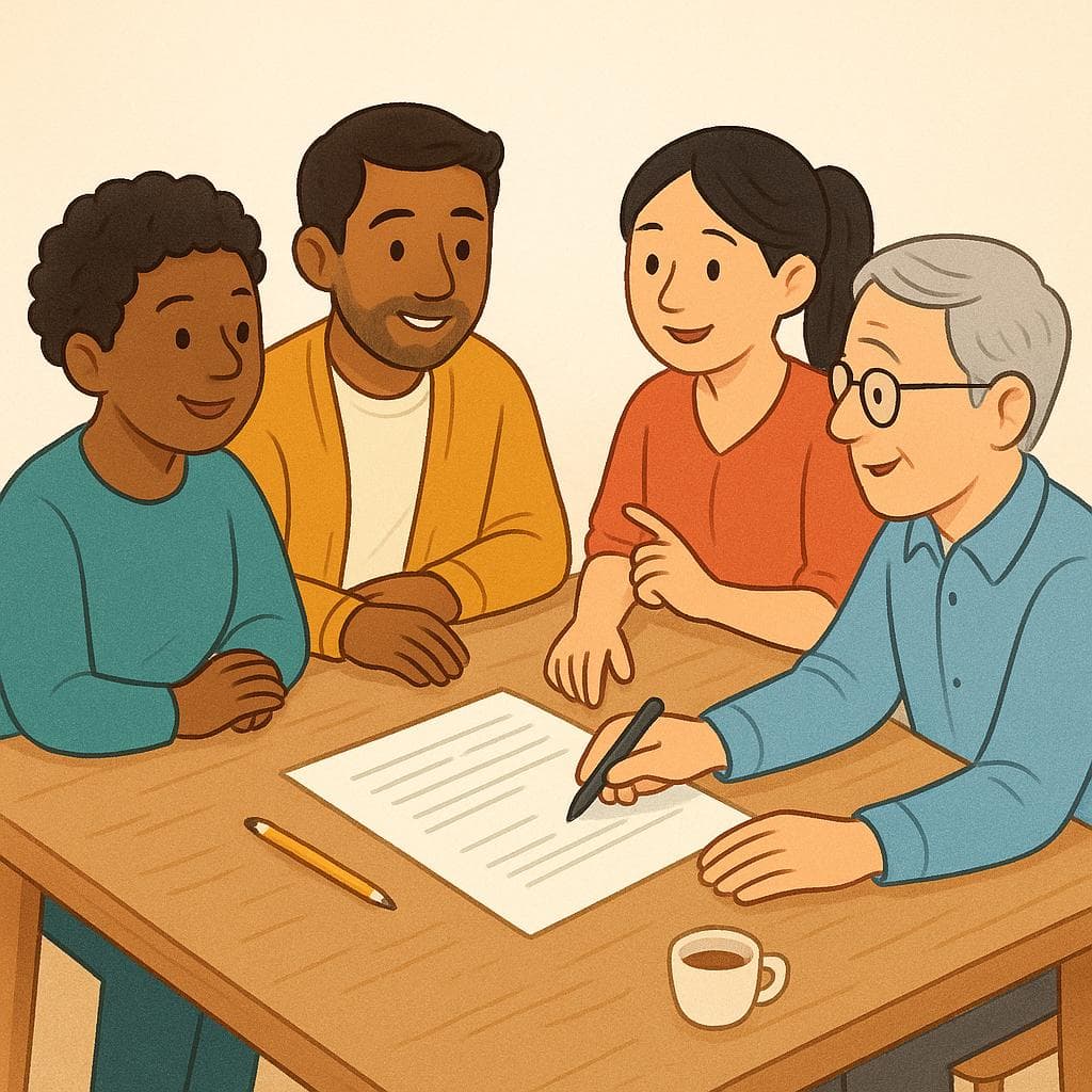 Een groep van vier diverse stripfiguren die rond een ronde tafel zitten en aandachtig naar papieren kijken, wat een commissievergadering symboliseert.