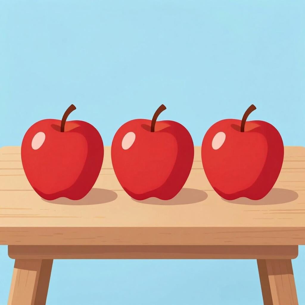 A row of three identical red apples sitting on a wooden table.