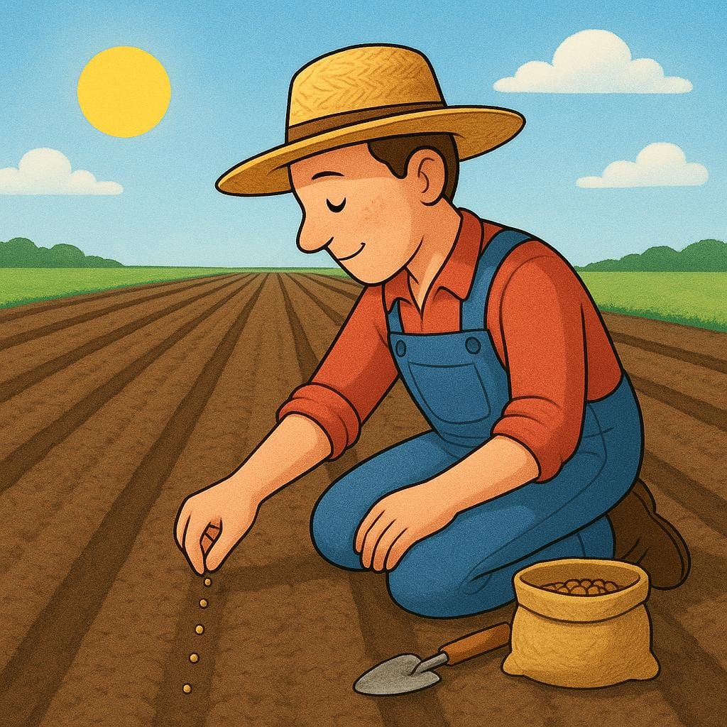 A diligent farmer wearing a straw hat is kneeling and planting seeds in long, neat rows of soil under a bright sun.