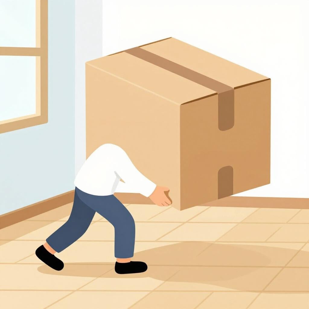 A person pushing a cardboard box across the floor of an empty room.