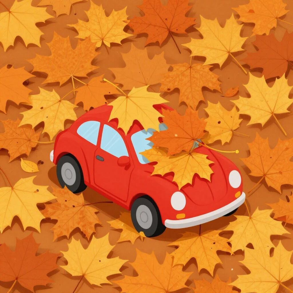 A small red toy car being completely covered by a large pile of falling autumn leaves.