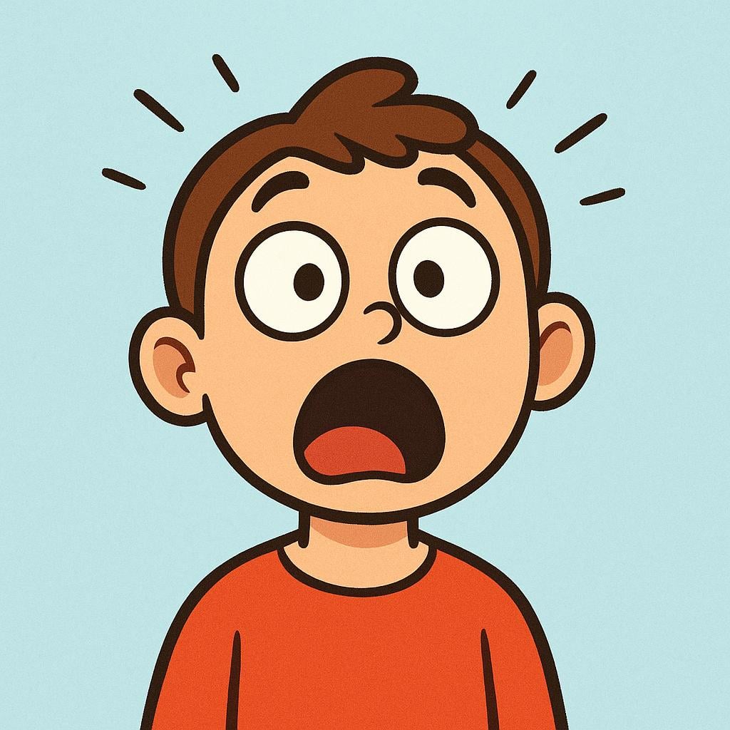 A cartoon character with wide eyes and a shocked expression, holding their hands close to their chest in surprise.
