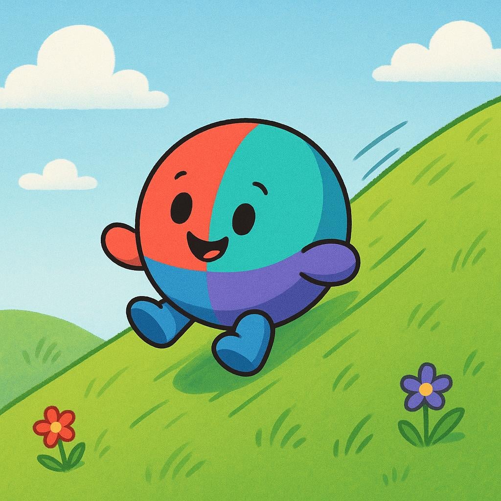 A small, round, colorful character sliding happily down a steep, winding green hill, depicting the action of descending.