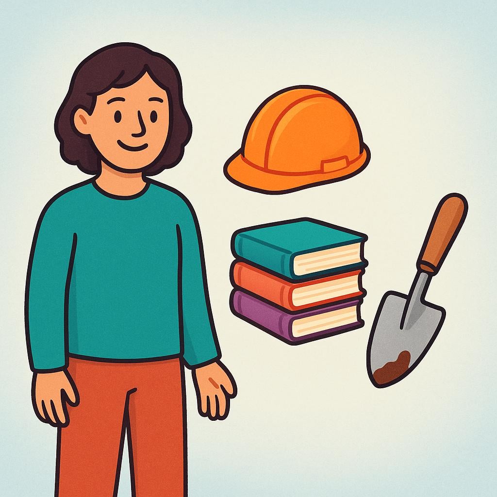A person standing beside three items representing different types of jobs: a yellow construction helmet, a stack of colorful books, and a gardening trowel.