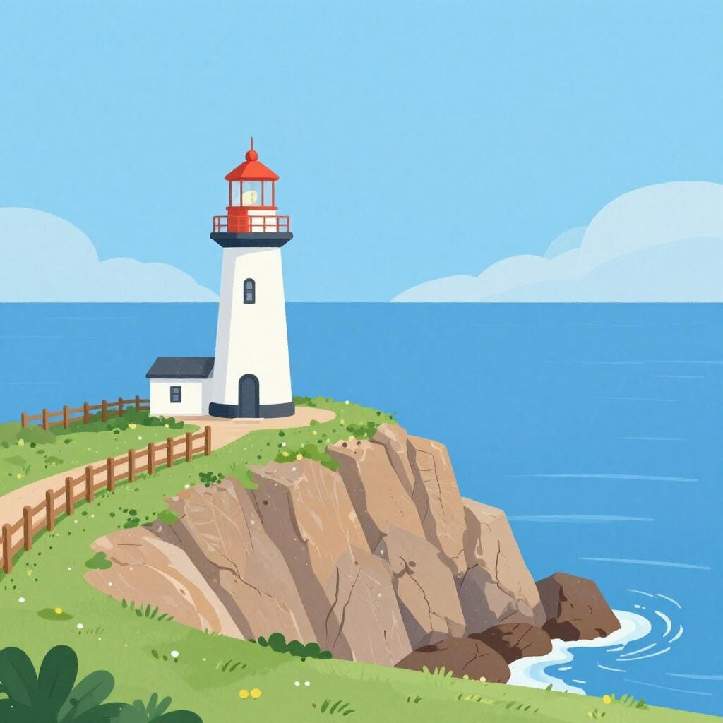 A small lighthouse and a wooden fence along a rocky shore.