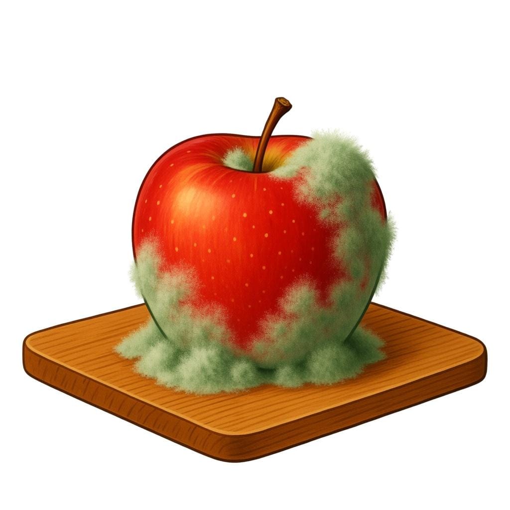 A bright red apple that is visibly covered in green and white mold, indicating it is spoiled.