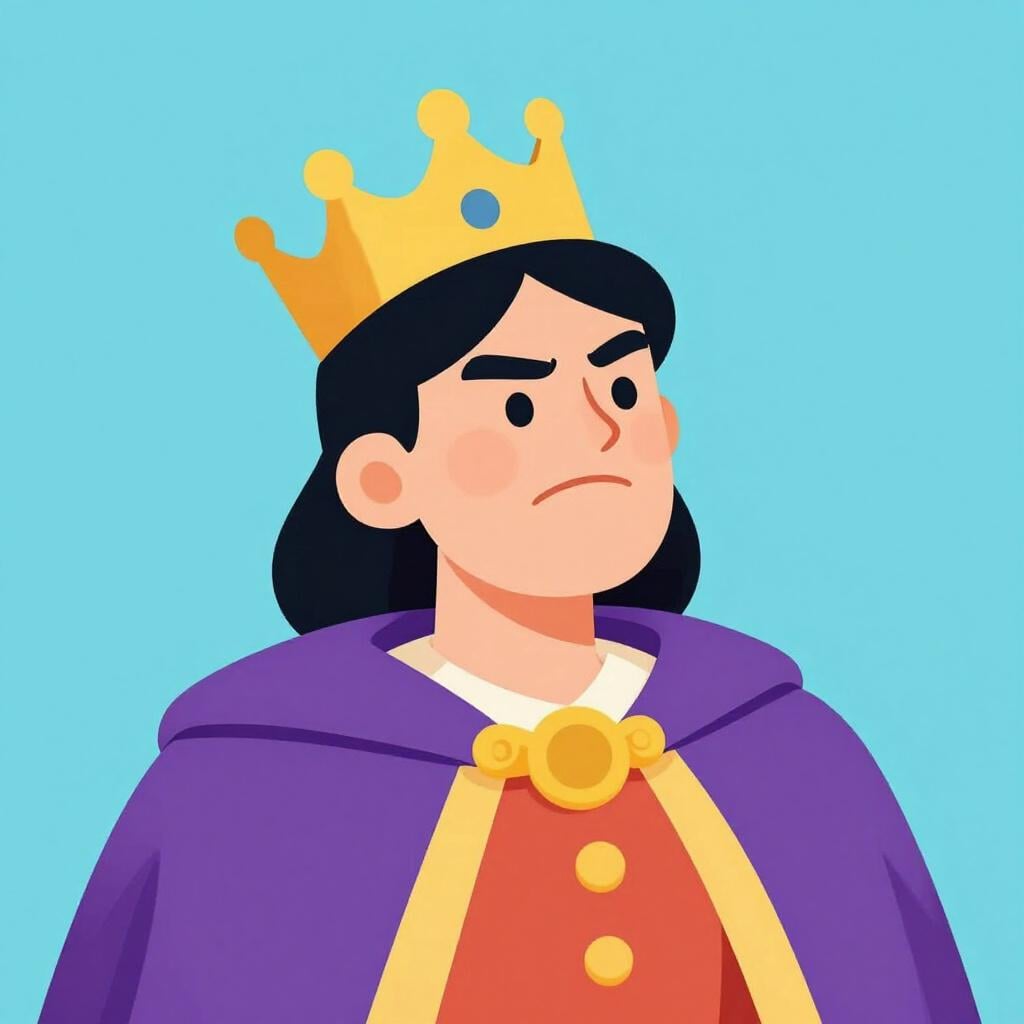 Une illustration colorée d'une personne avec le menton relevé et les yeux baissés, portant une couronne élégante.