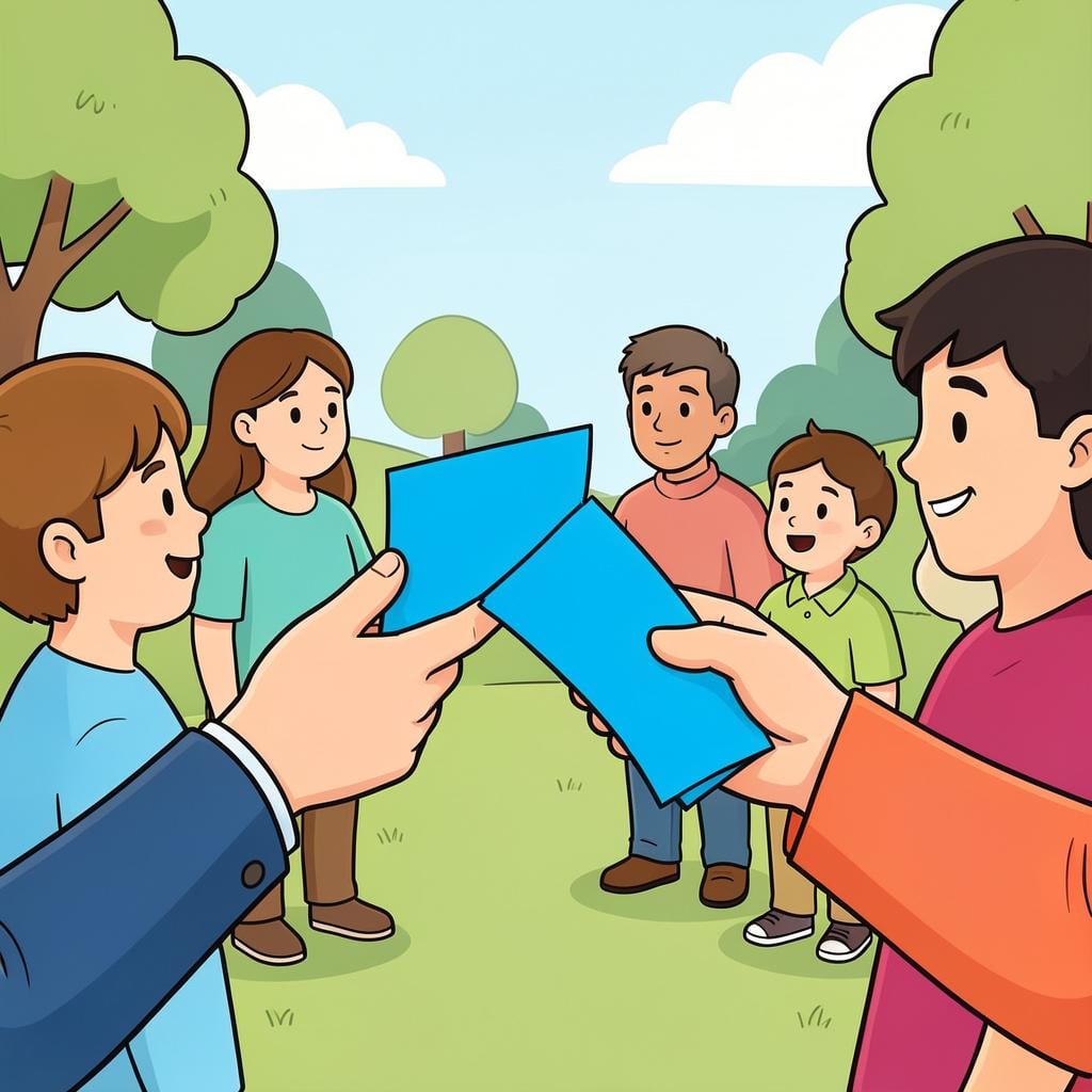 A pair of hands handing out colorful flyers to a group of people.