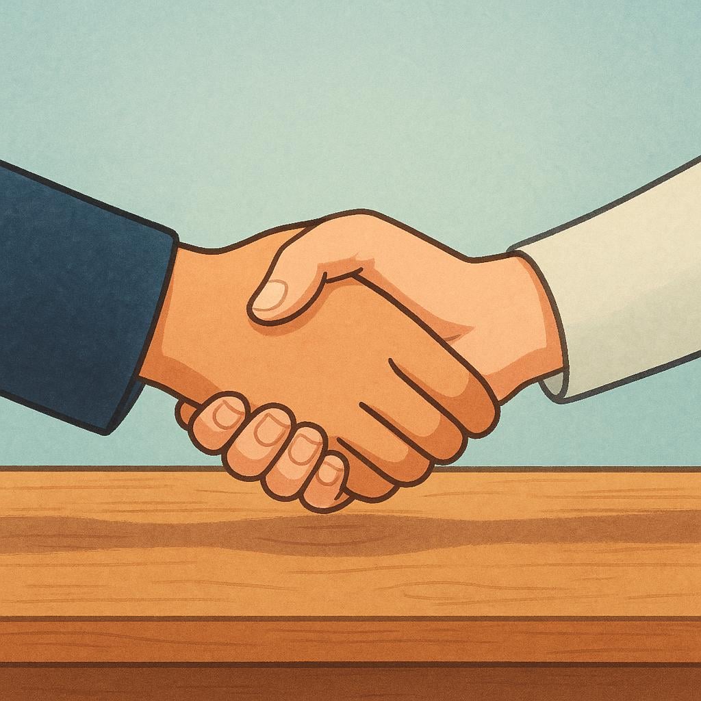 Two distinct hands firmly clasped together in a handshake over a simple wooden table, symbolizing a finalized agreement or deal.