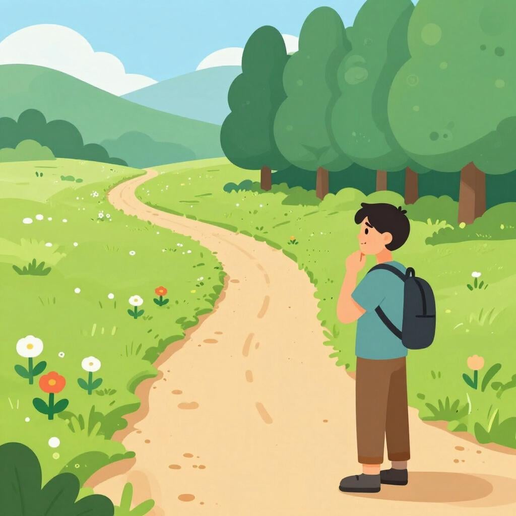 A traveler standing at a fork in a dirt path, looking thoughtfully at two different directions.