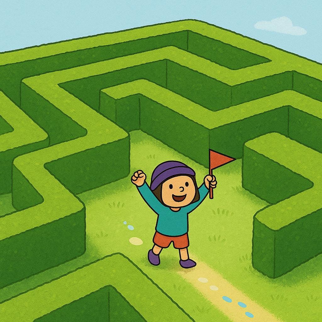A small, determined character standing happily at the clear end of a simple, winding green hedge maze, having successfully navigated the path.