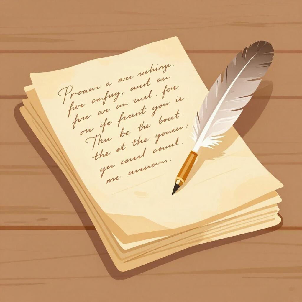 Uma pilha de papéis de pergaminho envelhecidos com escrita em tinta escura e uma pena de ave pousada em cima.