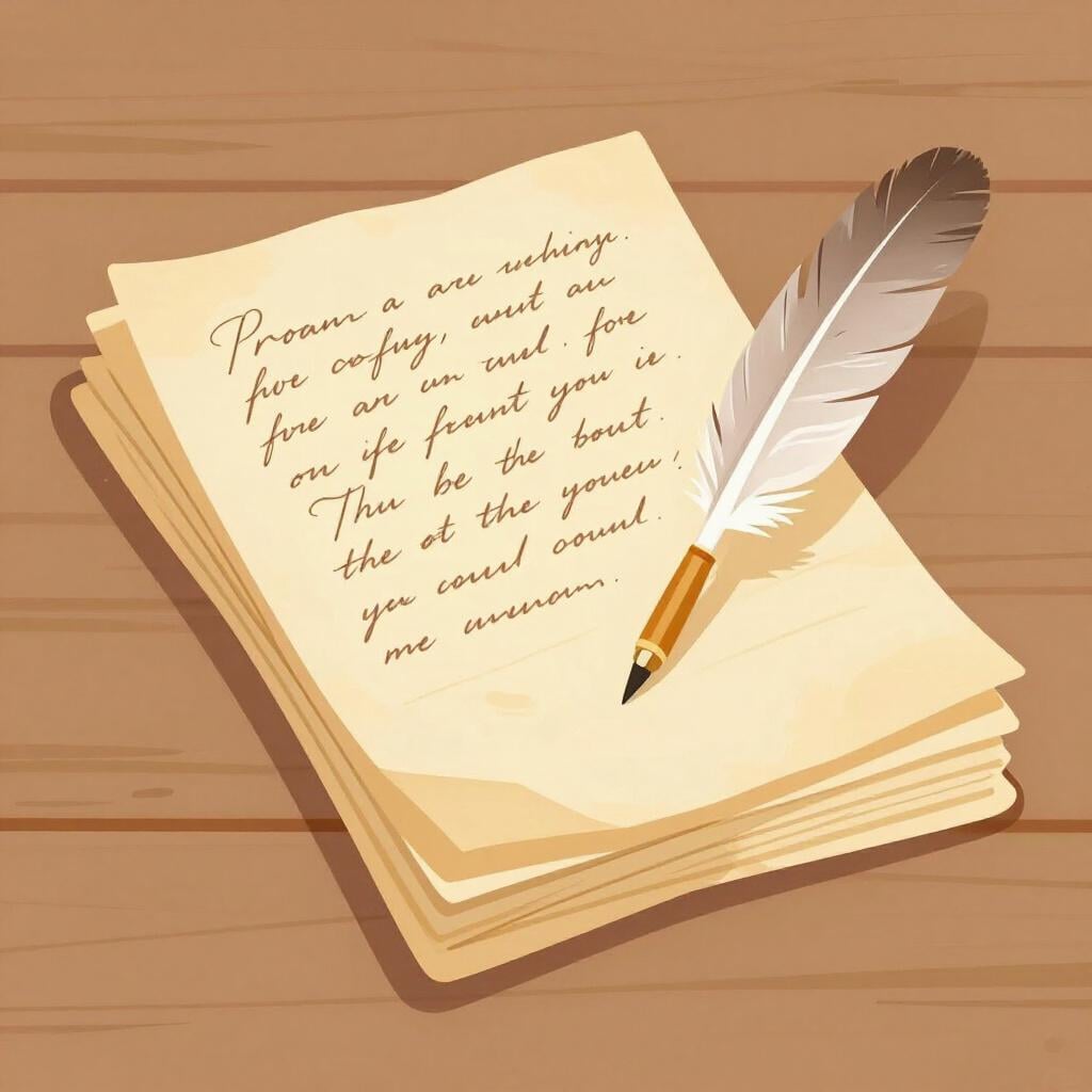 Uma pilha de papéis de pergaminho envelhecidos com escrita em tinta escura e uma pena de ave pousada em cima.