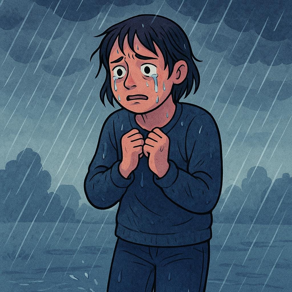 A solitary person standing outside under a heavy, dark gray rainstorm, looking very distressed because they have no umbrella.