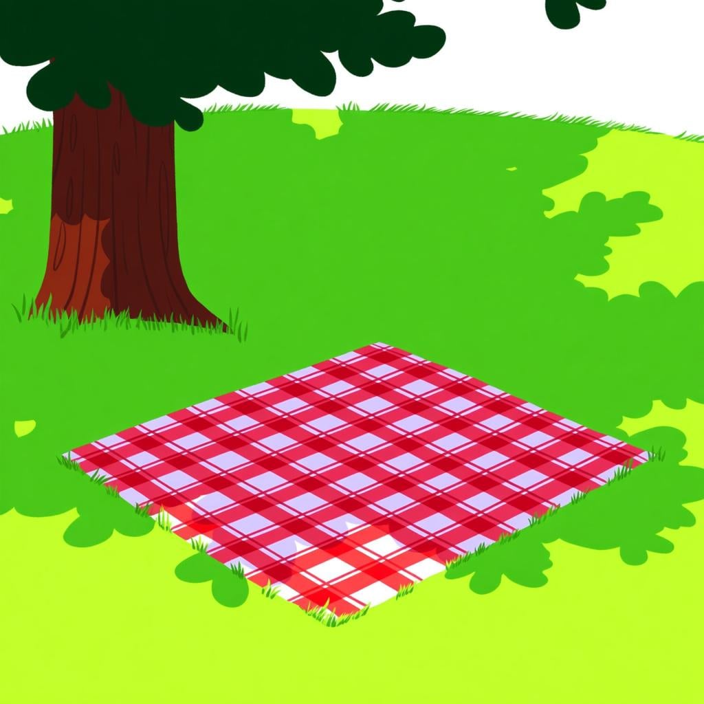 A colorful picnic blanket laid out perfectly on a patch of bright green grass under a large tree, symbolizing a designated spot or location.
