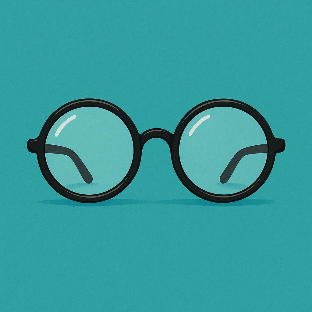 A pair of simple, black, round-rimmed eyeglasses resting on a colorful surface.