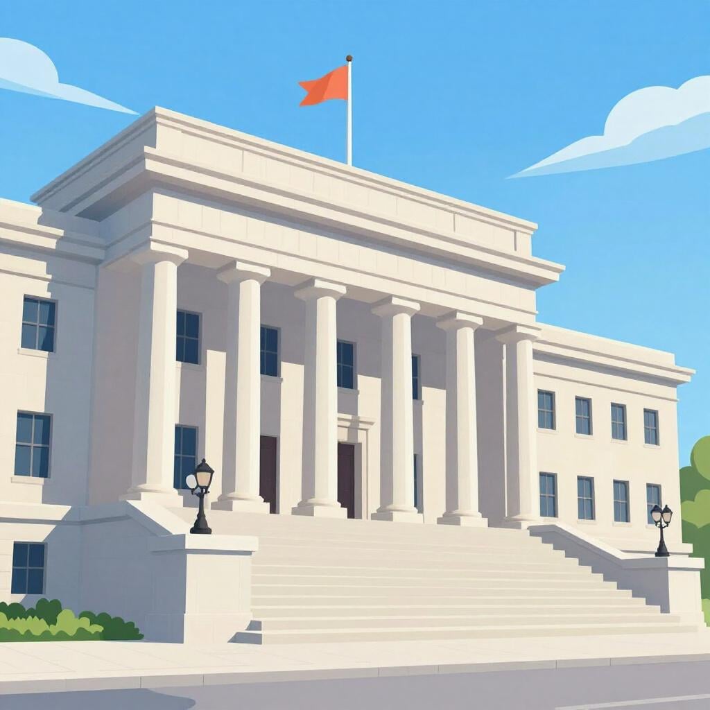 A large, stately stone building with tall columns and a flag flying from the roof.