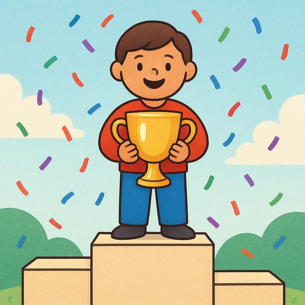 A simplified illustration showing three figures on a winner's podium, with the central figure standing highest, holding a gold trophy.