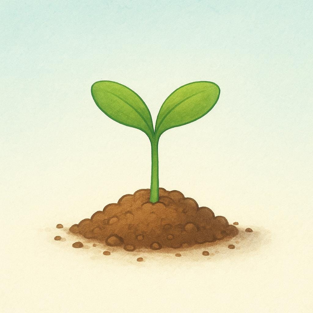 A close-up view of a tiny green seedling with two small leaves pushing up through a patch of rich brown soil, illustrating the start of life.