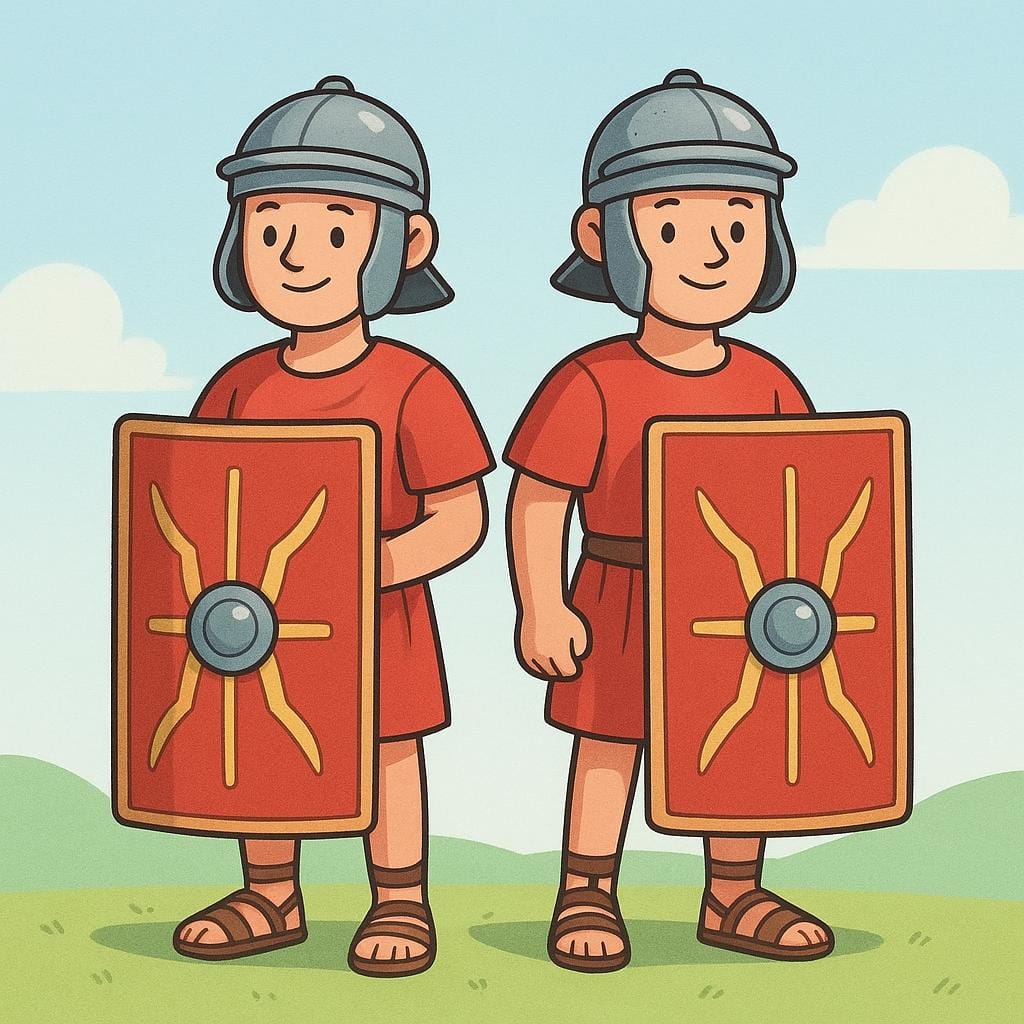 Two figures dressed as ancient Roman soldiers, wearing red tunics, metal helmets, and holding large rectangular shields.