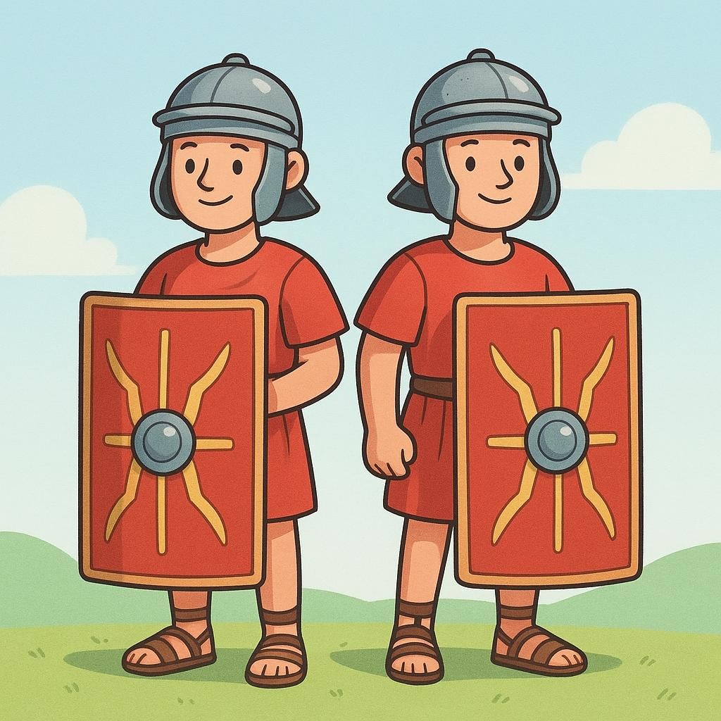 Two figures dressed as ancient Roman soldiers, wearing red tunics, metal helmets, and holding large rectangular shields.