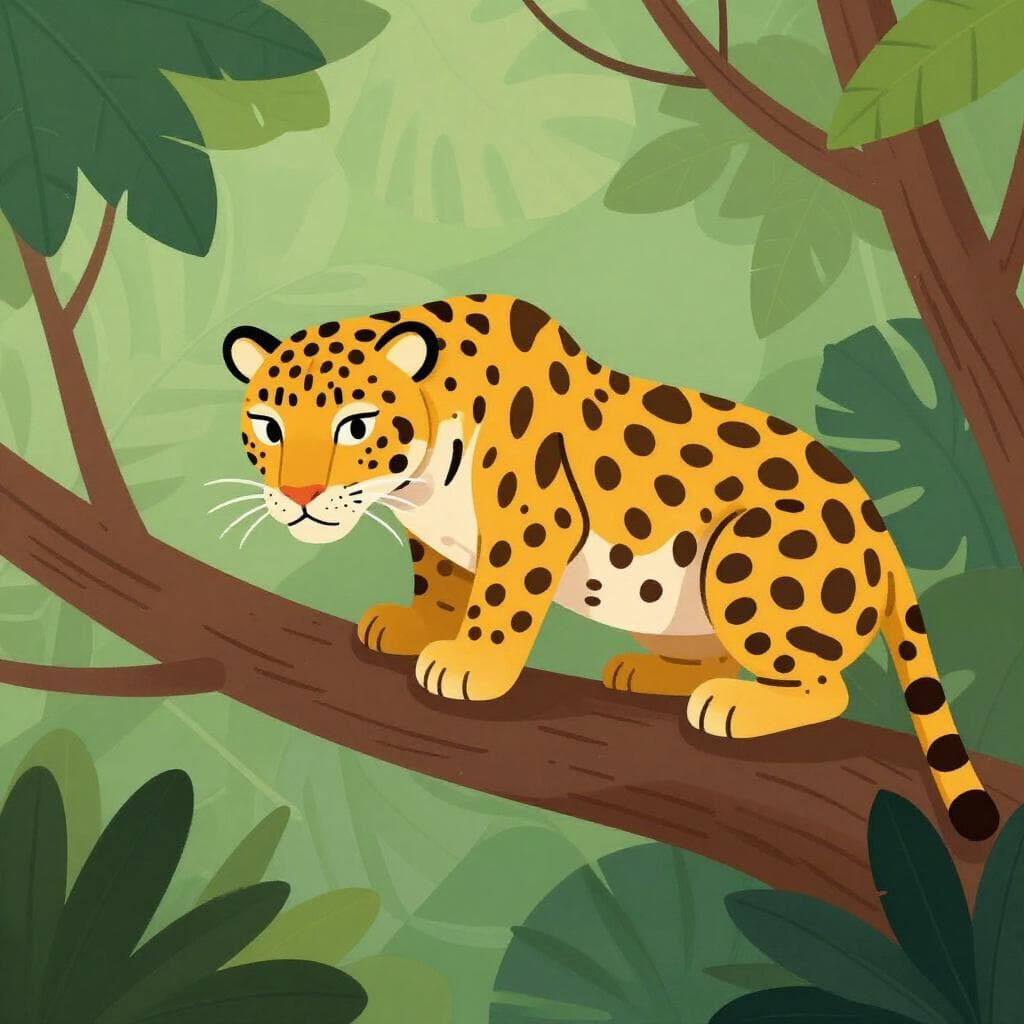 Un léopard svelte accroupi sur une branche d'arbre, observant le sol en contrebas.