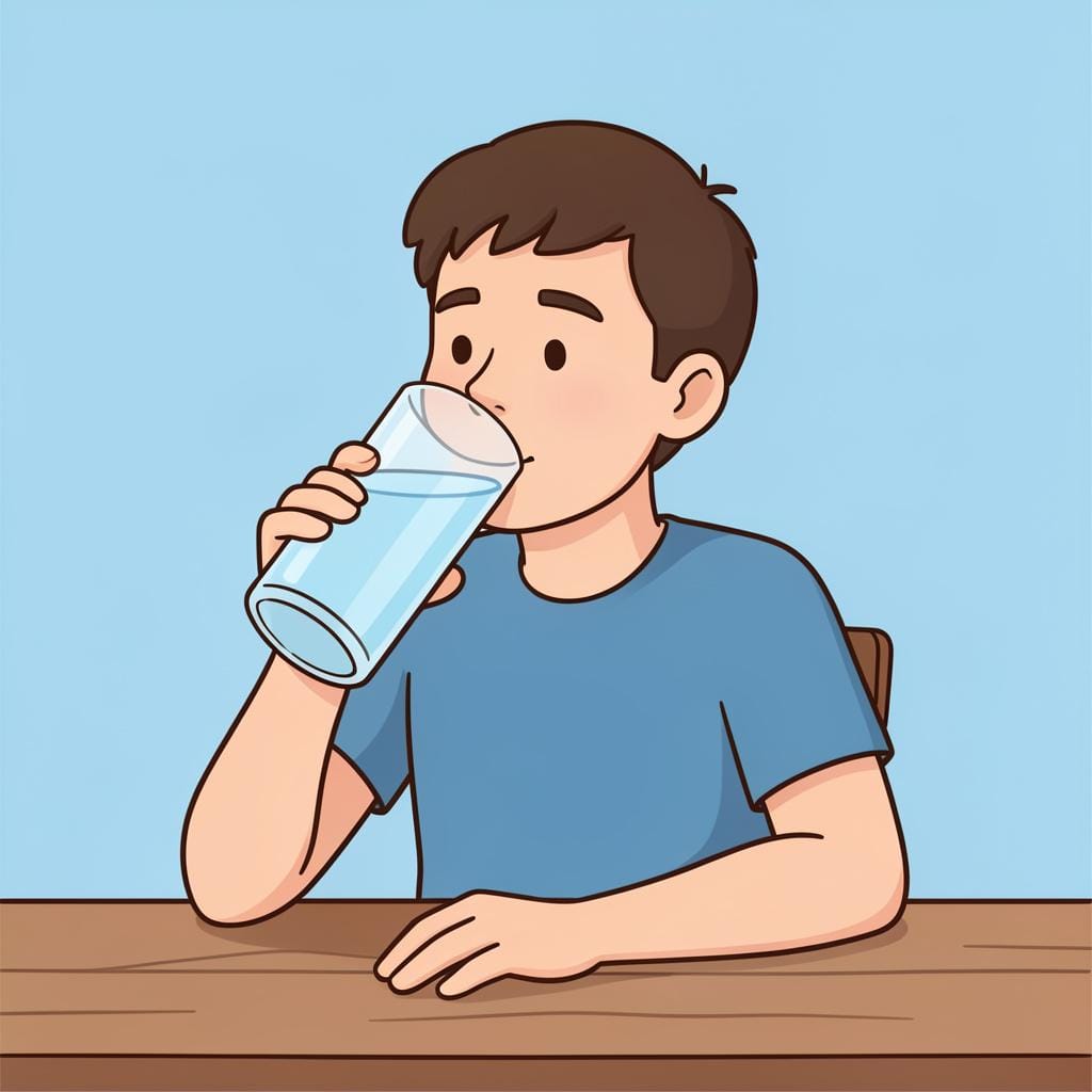 水を飲む直前の、大きなグラスを持った人。
