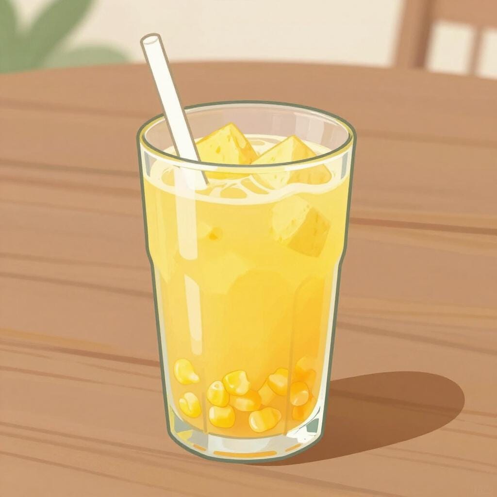 Ein Glas gefüllt mit einem gelben Fruchtgetränk, das sichtbare Fruchtstücke und Maiskörner sowie eine Zimtstange enthält.