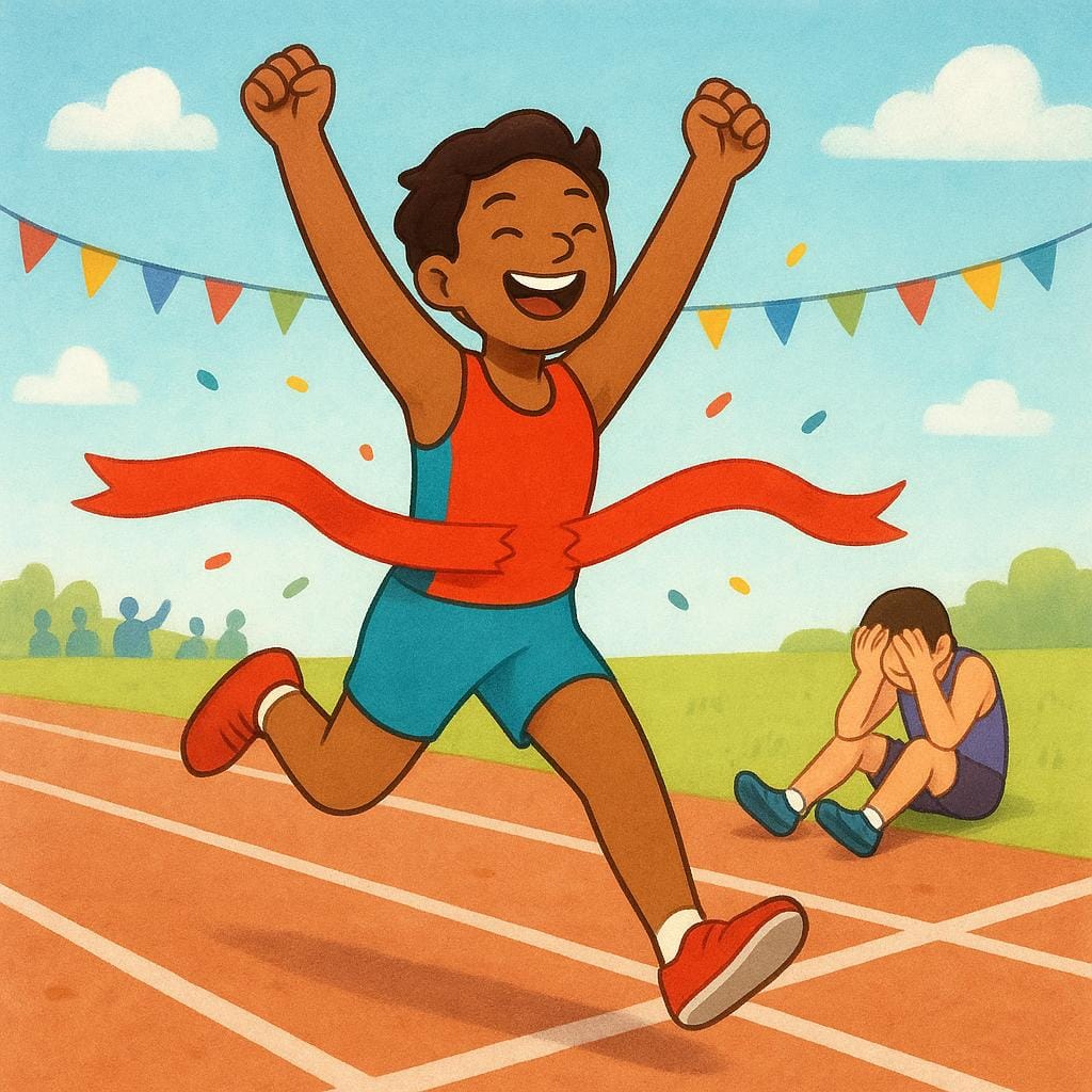 One runner triumphantly crosses a finish line with arms raised in victory, while a second runner sits far behind on the track, looking utterly defeated, illustrating a crushing defeat.