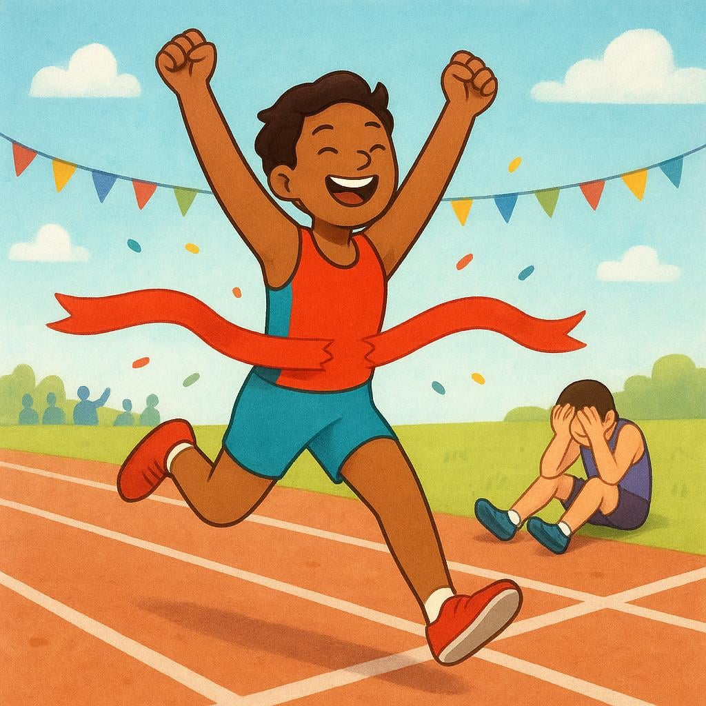 One runner triumphantly crosses a finish line with arms raised in victory, while a second runner sits far behind on the track, looking utterly defeated, illustrating a crushing defeat.