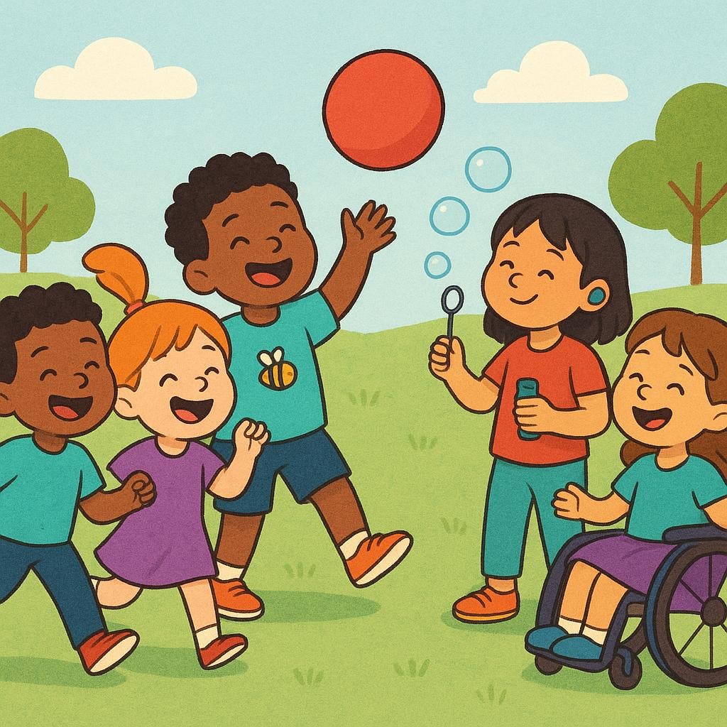 A friendly group of children laughing together, with one child wearing a shirt that has a small, cute drawing of a honeybee on it, representing a nickname.