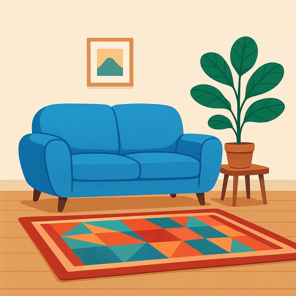 A comfortable living room scene with a large sofa, a rug, and a small table.